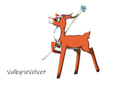 Size: 2400x1684 | Tagged: safe, artist:valkyrievelvet, derpibooru import, deer, pony, antlers, chest fluff, commission, deer magic, doe, female, flower, fluffy, full body, green eyes, holding, horns, magic, orange coat, staff