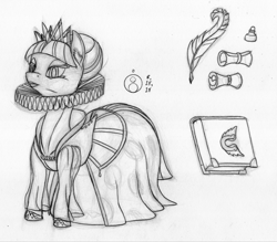Size: 1000x876 | Tagged: safe, artist:sepiakeys, derpibooru import, twilight sparkle, alicorn, pony, book, clothes, crown, dress, female, grayscale, jewelry, mare, monochrome, quill, regalia, ruff (clothing), scroll, solo, traditional art