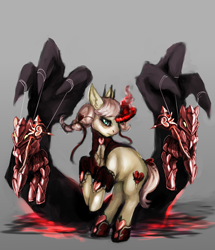 Size: 800x931 | Tagged: safe, artist:elkaart, derpibooru import, oc, oc only, pony, unicorn, armor, braid, claws, clothes, crown, female, heart, jewelry, magic, mare, puppet, rearing, regalia, shoes, solo