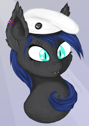 Size: 900x1273 | Tagged: safe, artist:silviawing, derpibooru import, oc, oc:silvia rhea wing, bat pony, pony, bat pony oc, beret, blue hair, cyan eyes, ear fluff, ear piercing, earring, fangs, gray skin, hat, jewelry, military, military pony, nightpony, piercing, scar