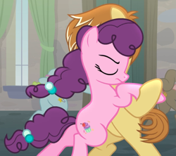 Size: 979x869 | Tagged: safe, derpibooru import, screencap, feather bangs, sugar belle, pony, hard to say anything, bipedal, cropped, dancing, eyes closed, female, holding hooves, male, unamused