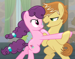 Size: 1132x897 | Tagged: safe, derpibooru import, screencap, feather bangs, sugar belle, pony, hard to say anything, bipedal, cropped, dancing, female, holding hooves, lidded eyes, looking at each other, male, open eyes, unamused