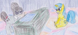 Size: 1053x475 | Tagged: safe, artist:scurilevensteinother, derpibooru import, lemon hearts, raven, writing desk, pony, unicorn, glasses, hair bun, job interview, traditional art