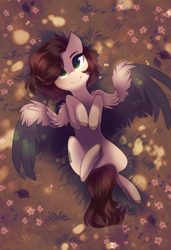 Size: 1300x1900 | Tagged: safe, artist:kirionek, derpibooru import, oc, oc only, oc:pacific pine, pegasus, pony, colored hooves, commission, cute, dappled sunlight, female, flower, hooves to the chest, looking up, mare, on back, outdoors, overhead view, smiling, solo, spread wings, top down, wings, ych result