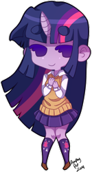 Size: 288x537 | Tagged: safe, artist:amphypop, derpibooru import, twilight sparkle, equestria girls, beanbrows, clothes, cute, eyebrows, female, horn, horned humanization, pleated skirt, shoes, simple background, skirt, smiling, socks, solo, sweater vest, transparent background