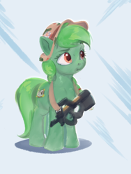 Size: 750x1000 | Tagged: safe, artist:drafthoof, derpibooru import, oc, oc:lonely day, hat, p90, simple background, weapon