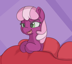 Size: 800x707 | Tagged: safe, artist:treekickerdraws, derpibooru import, cheerilee, earth pony, pony, abstract background, bed, bedsheets, female, mare, open mouth, pillow, smiling, solo