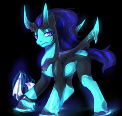 Size: 800x762 | Tagged: safe, artist:elkaart, derpibooru import, oc, oc only, demon pony, pony, black background, blade, hoof blades, horns, male, simple background, solo, stallion, weapon