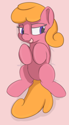 Size: 524x950 | Tagged: safe, artist:treekickerdraws, derpibooru import, oc, oc only, oc:silla syben, earth pony, pony, female, lying down, mare, simple background, smiling, solo, tongue out