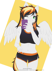 Size: 1000x1372 | Tagged: safe, artist:mcl, derpibooru import, oc, oc only, anthro, pegasus, anthro oc, bra, cellphone, clothes, commission, digital art, female, green eyes, looking at you, mare, nail polish, one eye closed, phone, shorts, signature, simple background, smartphone, smiling, solo, underwear, wink, ych result