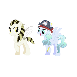 Size: 768x768 | Tagged: safe, artist:artisticjourney, derpibooru import, oc, oc only, oc:honey buzz (ice1517), oc:sailing winds, bee, bee pony, original species, pegasus, pony, bandana, bracelet, duo, ear piercing, earring, female, hat, jewelry, mare, open mouth, piercing, pirate, pirate hat, raised hoof, simple background, white background