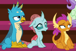 Size: 788x533 | Tagged: safe, derpibooru import, screencap, gallus, ocellus, smolder, changedling, changeling, dragon, griffon, a matter of principals, female, frown, male, sitting