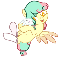 Size: 1024x951 | Tagged: safe, artist:blue-versper, derpibooru import, angel bunny, oc, oc:sweet spring, pegasus, pony, clothes, female, mare, nuzzling, simple background, socks, transparent background