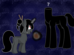 Size: 1544x1146 | Tagged: safe, artist:endergurl22, derpibooru import, oc, oc:ebony darkness, headless horse, pony, autograph, confusion, female, filly, funny, headless, question mark