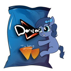 Size: 1369x1377 | Tagged: safe, artist:moonatik, derpibooru import, oc, oc only, oc:whinny, pony, bag, bow, chips, doritos, female, food, gift art, hair bow, happy, hug, mare, solo