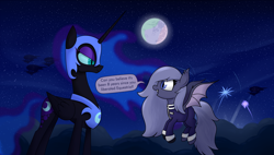 Size: 3000x1698 | Tagged: safe, artist:moonatik, derpibooru import, nightmare moon, oc, oc:selenite, alicorn, bat pony, pony, airship, alternate timeline, bat pony oc, celebration, clothes, cloud, cute, cute little fangs, dialogue, fangs, fireworks, happy, happy birthday mlp:fim, helmet, implied pinkie pie, implied princess celestia, looking at each other, mare in the moon, mlp fim's eighth anniversary, moon, night, nightmare takeover timeline, open mouth, orion (constellation), outdoors, stars, uniform, wings