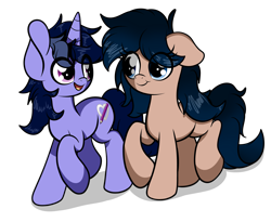 Size: 4561x3745 | Tagged: safe, artist:kimjoman, derpibooru import, oc, oc only, oc:crescend cinnamon, oc:purple flix, earth pony, pony, unicorn, female, looking at each other, male, raised hoof, simple background, standing, transparent background