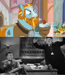 Size: 839x960 | Tagged: safe, derpibooru import, rockhoof, a rockhoof and a hard place, apple, food, oliver hardy, rockhoof's shovel, sons of the desert, stan laurel