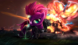 Size: 6827x3981 | Tagged: safe, artist:coldrivez, derpibooru import, tempest shadow, pony, unicorn, armor, broken horn, explosion, gun, horn, solo, sparking horn, weapon