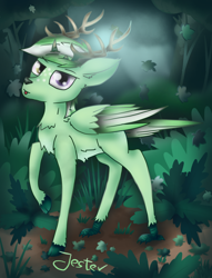 Size: 880x1150 | Tagged: safe, artist:jesterpi, derpibooru import, oc, oc only, oc:jester pi, bird, bird pone, deer, original species, peryton, antlers, autumn, bush, deerified, fluffy, forest, glare, grass, green background, happy, hooves, leaf, leafs, scenery, simple background, single, talons, tongue out, wild, wings