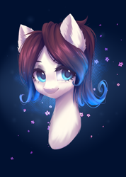 Size: 1223x1716 | Tagged: safe, artist:hikerumin, derpibooru import, oc, oc only, oc:ice energy, pony, bust, commission, femboy, looking at you, male, portrait, smiling, solo, stallion