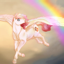 Size: 1024x1024 | Tagged: safe, artist:acry-artwork, derpibooru import, oc, oc:day dreamer, pegasus, pony, cloud, ear piercing, rainbow, realistic, realistic background, sparkles