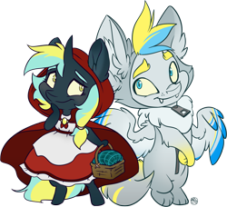 Size: 2157x1968 | Tagged: safe, artist:kez, derpibooru import, oc, oc only, oc:cirrus sky, oc:electro current, semi-anthro, unicorn, animal costume, basket, bipedal, blushing, chest fluff, cirrent, clothes, costume, crossed arms, cute, dress, ear fluff, fangs, female, fluffy, halloween, halloween costume, holiday, hood, little red riding hood, male, oc x oc, picnic basket, puppy dog eyes, shipping, smiling, straight, thinking, wolf costume, zipper