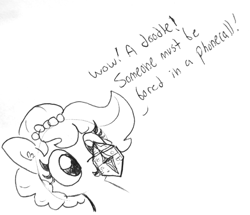 Size: 1280x1103 | Tagged: safe, artist:tjpones, derpibooru import, oc, oc only, oc:brownie bun, earth pony, pony, cute, dialogue, female, lineart, mare, monochrome, open mouth, solo