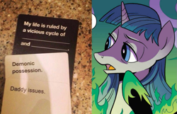 Size: 853x549 | Tagged: safe, derpibooru import, pony of shadows, stygian, pony, unicorn, spoiler:comiclomannual, cards against humanity, male, meme, stallion