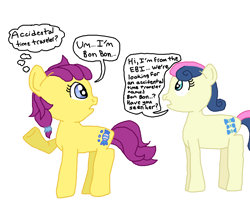 Size: 1148x1012 | Tagged: safe, artist:nightshadowmlp, derpibooru import, bon bon, bon bon (g1), sweetie drops, 35th anniversary, equestrian bureau of investigation, implied time travel, secret agent sweetie drops, simple background, text, white background