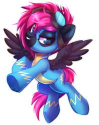 Size: 600x758 | Tagged: safe, artist:cabbage-arts, derpibooru import, oc, oc only, oc:neon flare, pegasus, pony, clothes, female, flying, goggles, mare, solo, underhoof, uniform, wings, wonderbolts, wonderbolts uniform