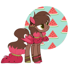 Size: 1024x933 | Tagged: safe, artist:mintoria, derpibooru import, oc, oc only, oc:waterbow, bat pony, pony, female, food, mare, simple background, solo, transparent background, watermelon