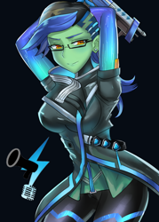 Size: 600x840 | Tagged: safe, artist:tzc, derpibooru import, oc, oc:lighting voices, human, anime, clothes, commission, cosplay, costume, crossover, female, glasses, humanized, humanized oc, overwatch, pants, solo, sombra (overwatch)