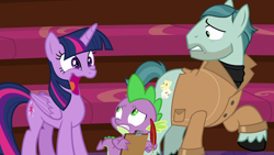 Size: 1280x720 | Tagged: safe, derpibooru import, edit, edited screencap, screencap, on stage, spike, twilight sparkle, twilight sparkle (alicorn), alicorn, dragon, earth pony, pony, horse play, faic, female, majestic as fuck, male, mare, open mouth, stallion, twilight sparkle is best facemaker, twilynanas, wat