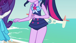 Size: 1920x1080 | Tagged: safe, derpibooru import, screencap, rarity, sci-twi, twilight sparkle, better together, equestria girls, forgotten friendship, clothes, eyes on the prize, geode of telekinesis, magical geodes, offscreen character, out of context, sarong, selfie drone, swimsuit