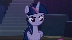 Size: 1250x703 | Tagged: safe, derpibooru import, screencap, mean twilight sparkle, alicorn, pony, the mean 6, clone, confident, evil grin, female, grin, lidded eyes, looking down, mare, scheming, sinister, smiling, smirk, solo