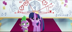 Size: 1213x541 | Tagged: safe, derpibooru import, screencap, spike, twilight sparkle, twilight sparkle (alicorn), alicorn, dragon, my little pony: the movie, crown, floppy ears, jewelry, regalia, whiteboard