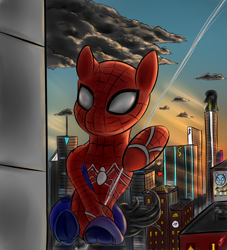 Size: 1740x1920 | Tagged: safe, artist:com3tfire, derpibooru import, pony, marvel, ponified, solo, spider-man, spider-pony, sunset, superhero