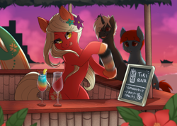 Size: 1000x713 | Tagged: safe, artist:mr-tiaa, derpibooru import, oc, oc only, oc:leinani, pony, bar, bartender, flower, flower in hair, surfboard