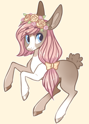 Size: 510x711 | Tagged: safe, artist:sararini, derpibooru import, oc, oc only, original species, pony, female, floral head wreath, flower in hair, mare, rabbit pony, simple background, solo, yellow background