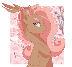 Size: 949x878 | Tagged: safe, artist:teapup, derpibooru import, oc, oc only, deer, pony, reindeer, antlers, female, half body, looking at you, mare, on side, pink, side view, solo