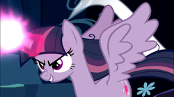 Size: 1248x701 | Tagged: safe, derpibooru import, screencap, mean twilight sparkle, alicorn, pony, the mean 6, blast, clone, confident, determined, evil grin, female, glowing horn, grin, magic, magic blast, smiling, wings