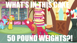 Size: 1280x720 | Tagged: safe, derpibooru import, edit, edited screencap, screencap, big macintosh, carrot cake, cup cake, earth pony, pony, mmmystery on the friendship express, apron, bowtie, cake, clothes, colored hooves, exclamation point, female, food, hat, horse collar, image macro, interrobang, ladder, male, mare, marzipan mascarpone meringue madness, meme, question mark, solo focus, stallion, sugarcube corner, trio