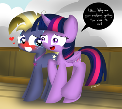 Size: 1024x918 | Tagged: safe, artist:cloudyzu, derpibooru import, star tracker, twilight sparkle, twilight sparkle (alicorn), alicorn, pony, once upon a zeppelin, blushing, dialogue, female, heart, heart eyes, male, one sided shipping, one-sided love, shipping, speech bubble, straight, sweat, twitracker, wingding eyes