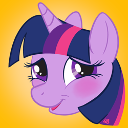 Size: 600x600 | Tagged: safe, artist:hornbuckle, derpibooru import, twilight sparkle, twilight sparkle (alicorn), alicorn, pony, blushing, bust, cute, female, head only, magic, portrait, simple background, smiling, solo, transformed, twiabetes, yellow background