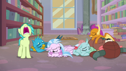 Size: 1280x720 | Tagged: safe, derpibooru import, screencap, gallus, ocellus, sandbar, silverstream, smolder, yona, changedling, changeling, classical hippogriff, dragon, earth pony, griffon, hippogriff, pony, yak, what lies beneath, bookshelf, bow, cloven hooves, dragoness, eyes closed, female, hair bow, jewelry, library, male, monkey swings, necklace, nose in the air, student six, teenager, volumetric mouth, yawn