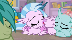 Size: 1280x720 | Tagged: safe, derpibooru import, screencap, gallus, ocellus, sandbar, silverstream, what lies beneath, cute, diaocelles, diastreamies, gallabetes, sandabetes, sleeping