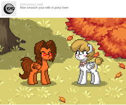 Size: 540x450 | Tagged: safe, artist:aha-mccoy, derpibooru import, oc, oc only, oc:aha mclovin, oc:heather sweet feathers, pegasus, pony, nopony-ask-mclovin, ask, autumn, autumn leaves, blushing, eyes closed, female, glasses, husband and wife, kissy face, leaf pile, male, mare, oc x oc, pixel art, pony town, shipping, stallion, straight, tree, tumblr