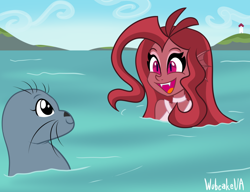 Size: 1024x788 | Tagged: safe, artist:wubcakeva, derpibooru import, oc, oc:mezma, seal, equestria girls, clothes, cloud, equestria girls-ified, ocean, open mouth, sky, solo, water