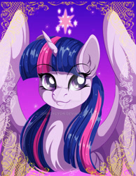 Size: 800x1030 | Tagged: safe, artist:jenndylyon, derpibooru import, twilight sparkle, twilight sparkle (alicorn), alicorn, pony, element of magic, female, mare, smiling, solo